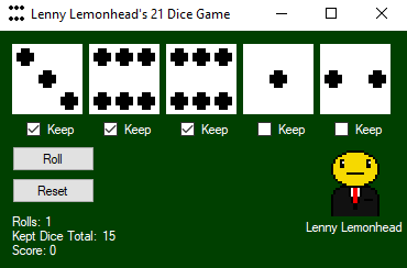 A screenshot of Lenny Lemonhead's 21 Dice Game, a casino dice game, with a basic UI.